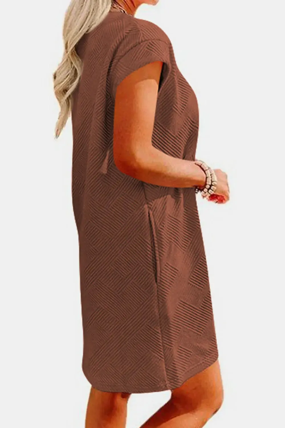 Fashion Women Dress Textured Round Neck Cap Sleeve Casual Dress