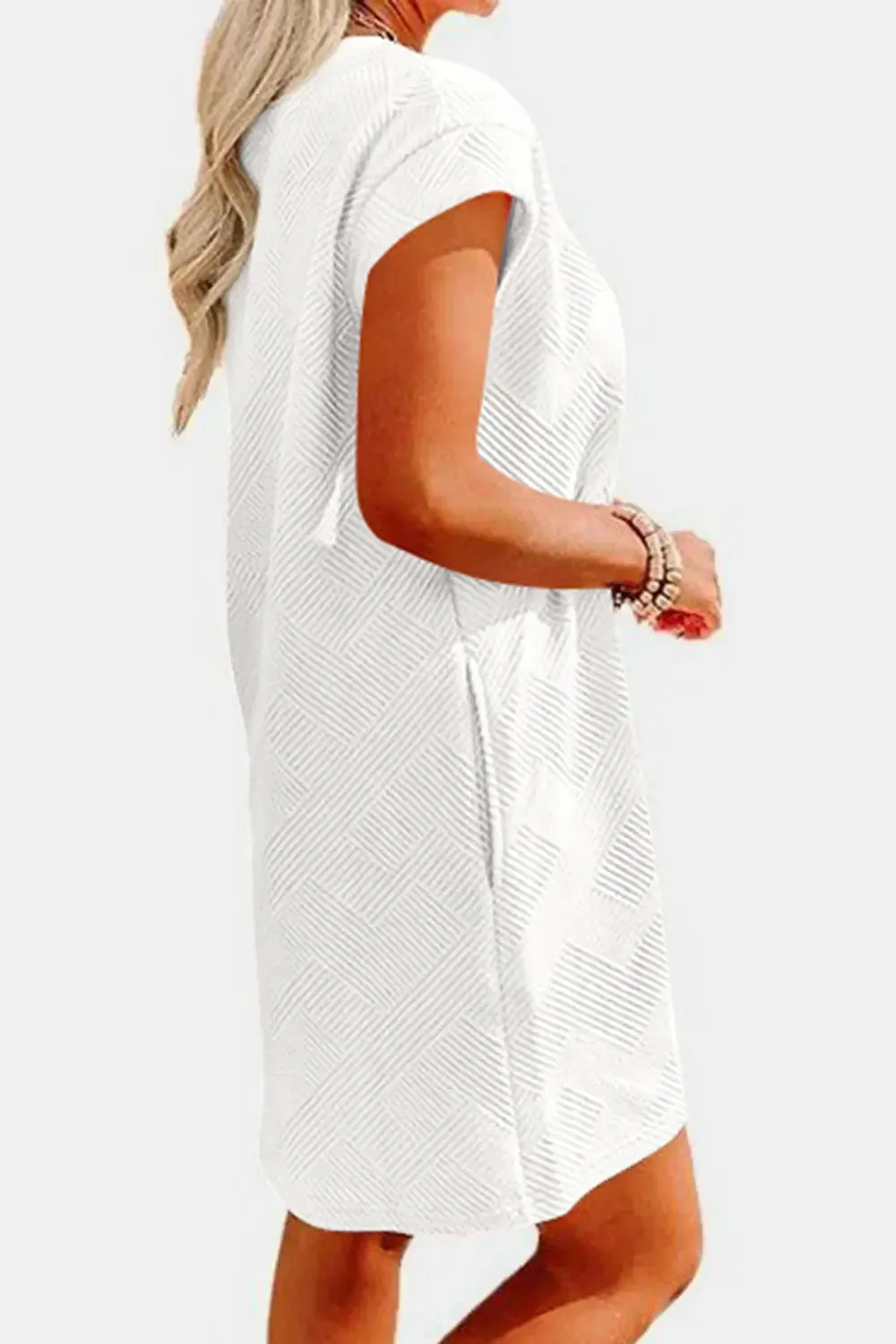 Fashion Women Dress Textured Round Neck Cap Sleeve Casual Dress