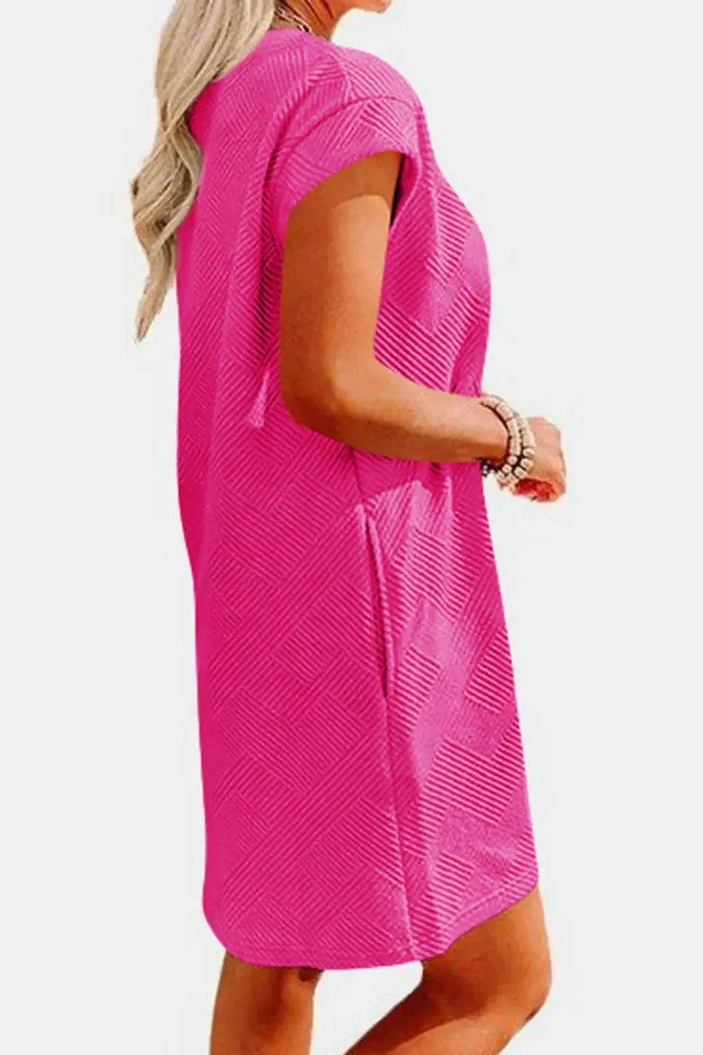 Fashion Women Dress Textured Round Neck Cap Sleeve Casual Dress