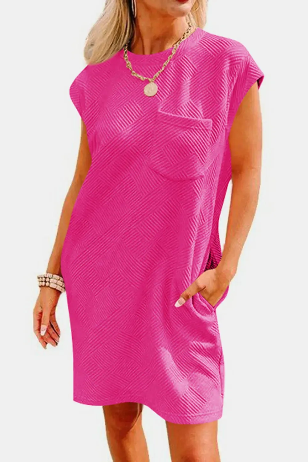 Fashion Women Dress Textured Round Neck Cap Sleeve Casual Dress