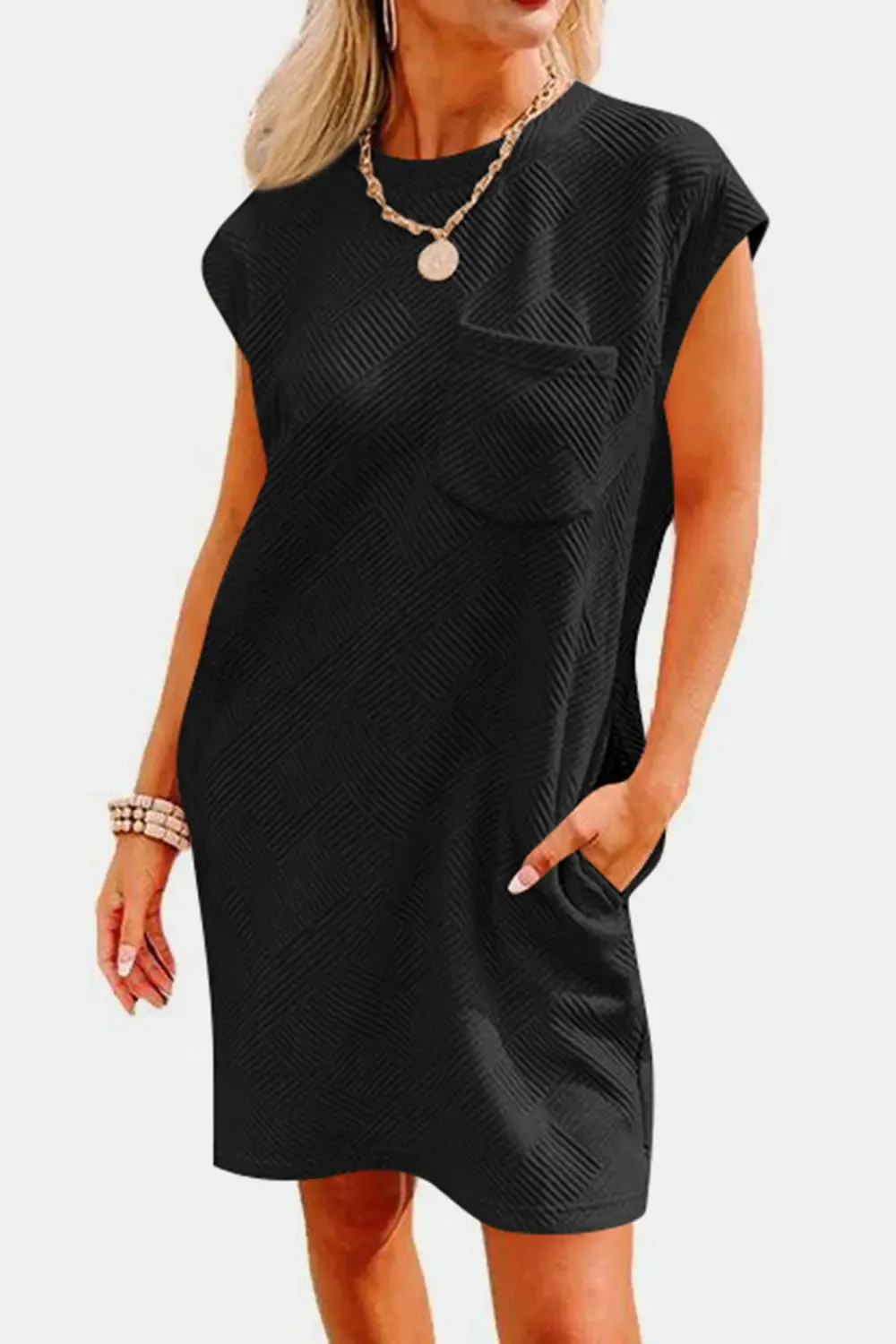 Fashion Women Dress Textured Round Neck Cap Sleeve Casual Dress