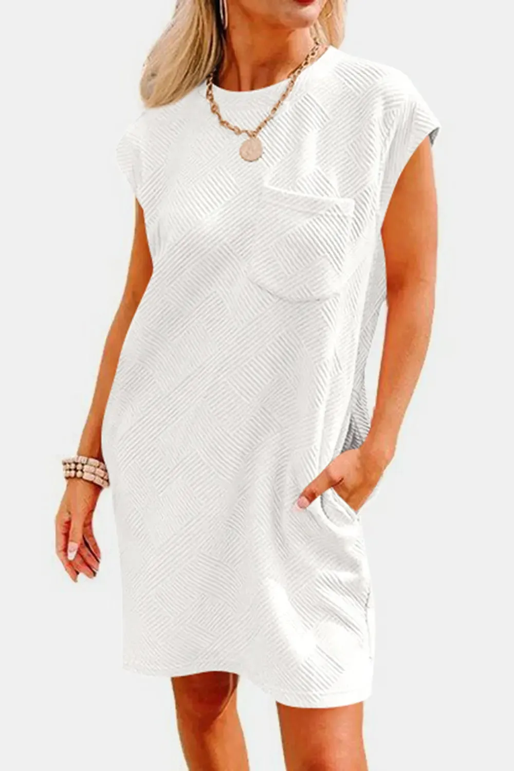 Fashion Women Dress Textured Round Neck Cap Sleeve Casual Dress