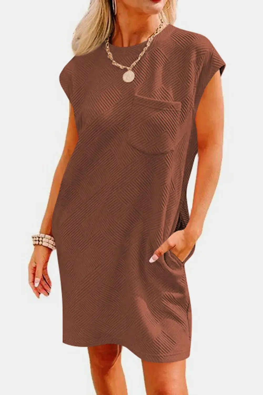 Fashion Women Dress Textured Round Neck Cap Sleeve Casual Dress