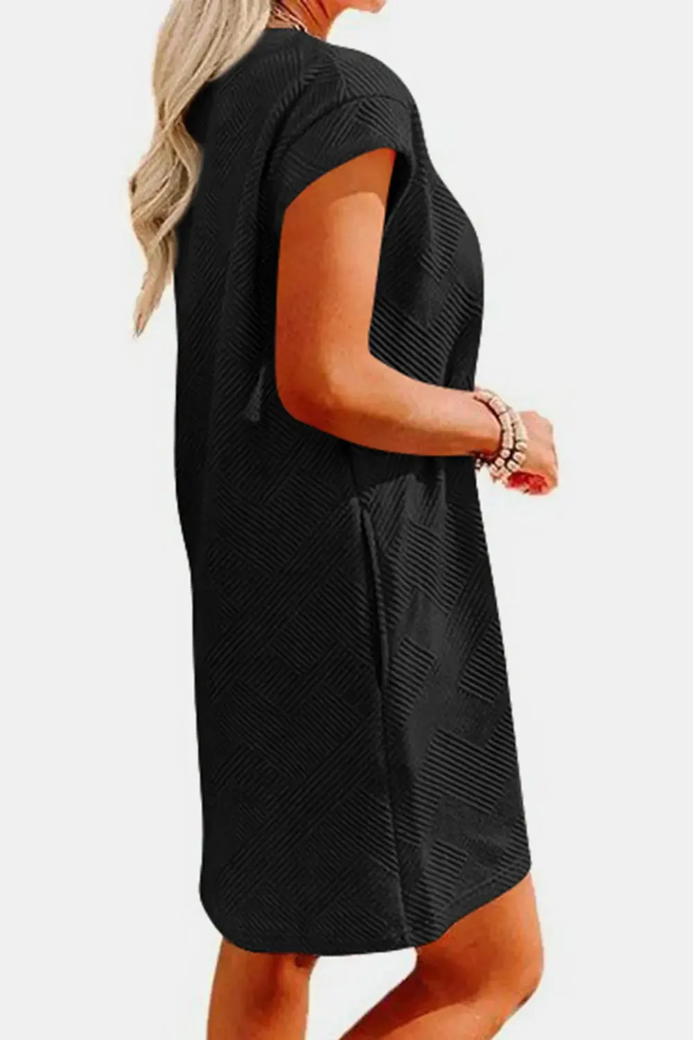 Fashion Women Dress Textured Round Neck Cap Sleeve Casual Dress
