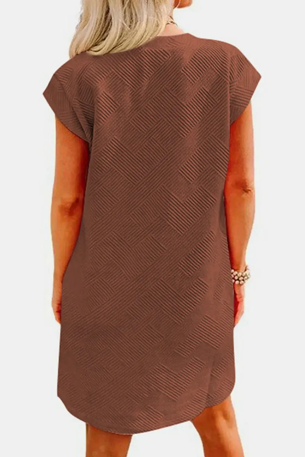 Fashion Women Dress Textured Round Neck Cap Sleeve Casual Dress