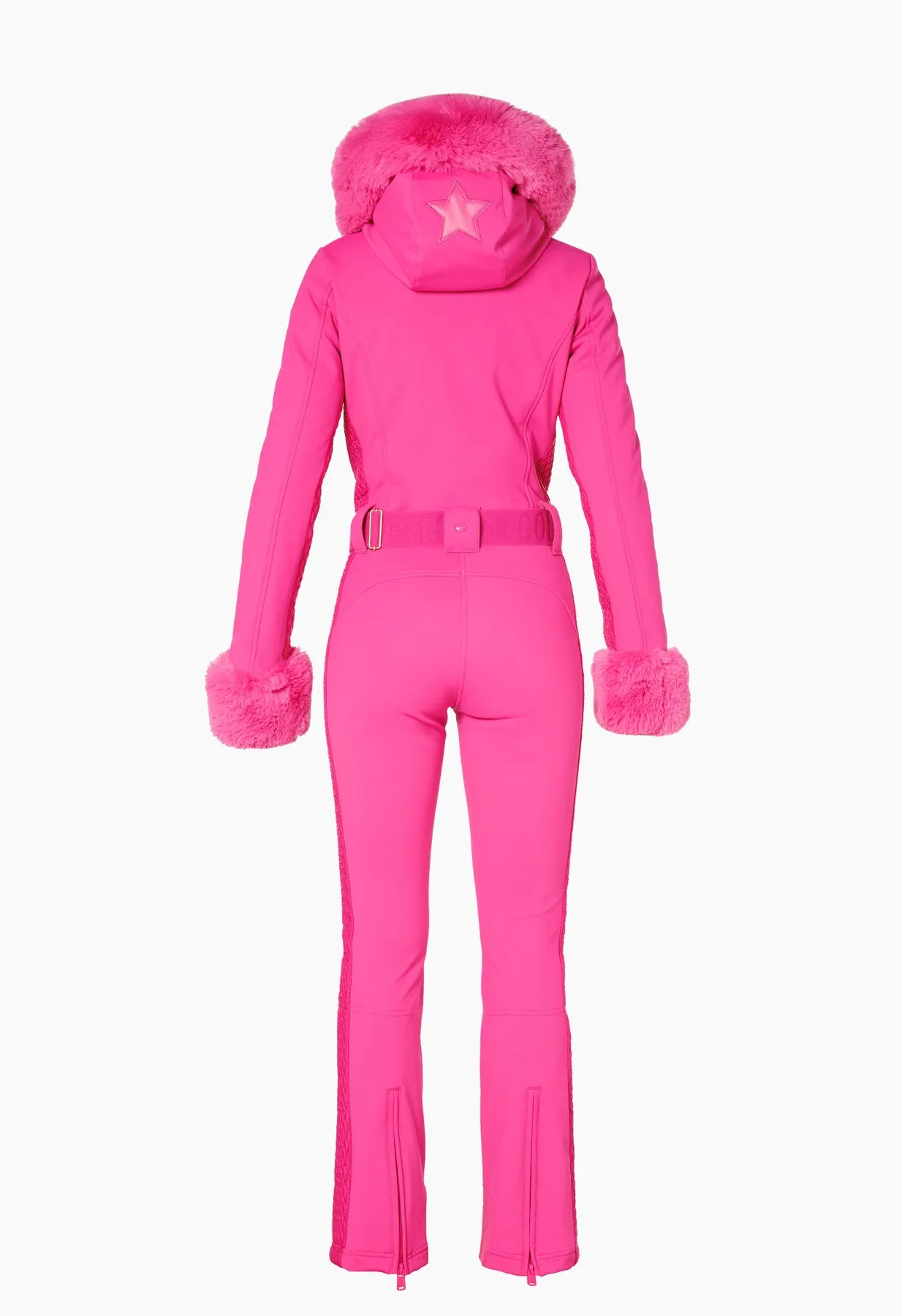 Goldbergh Angele One Piece Ski Suit in Pink with Faux Fur Hood and Cuffs