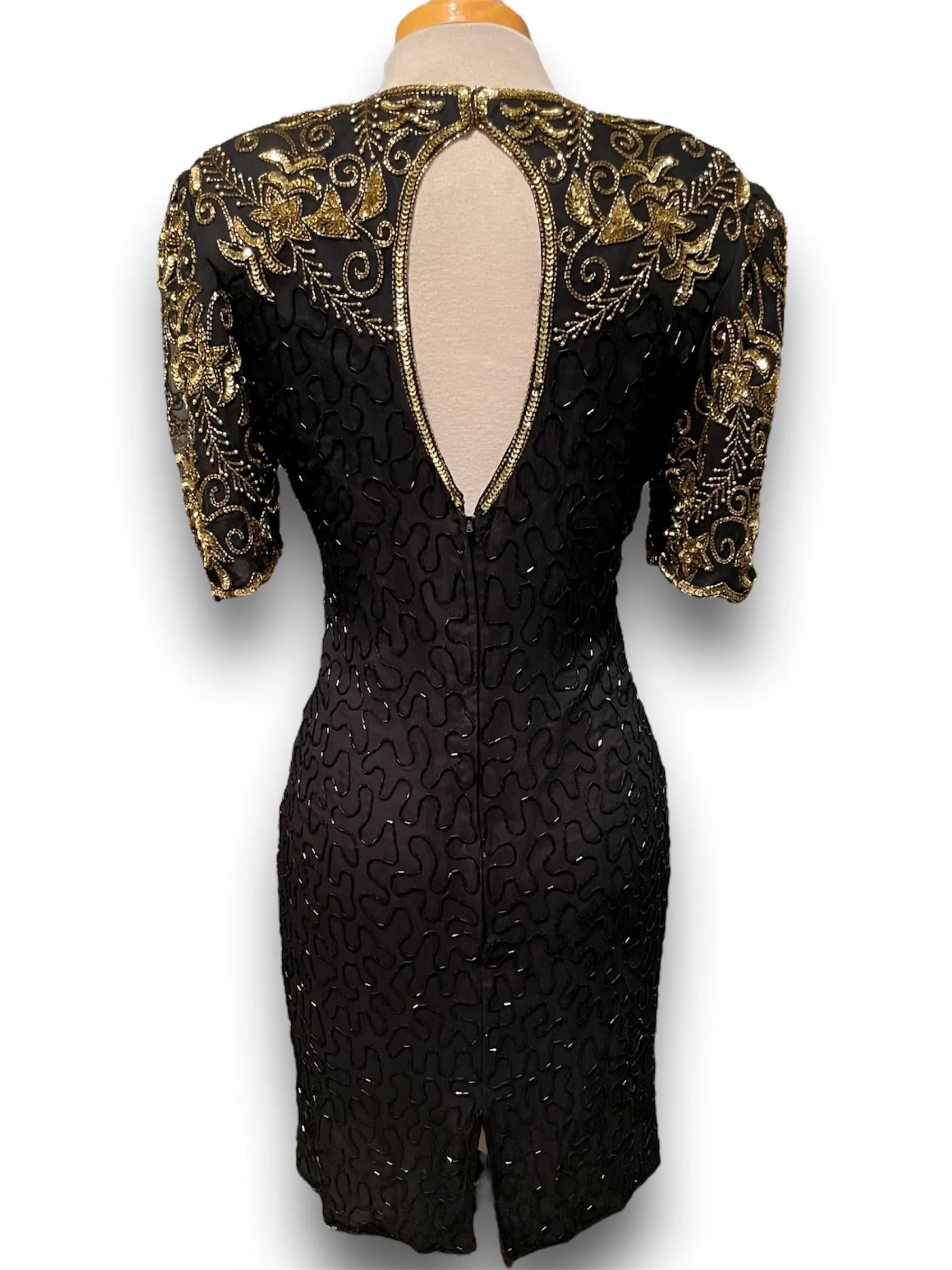 Gorgeous Vintage Beaded Black & Gold 1980’s Party Dress