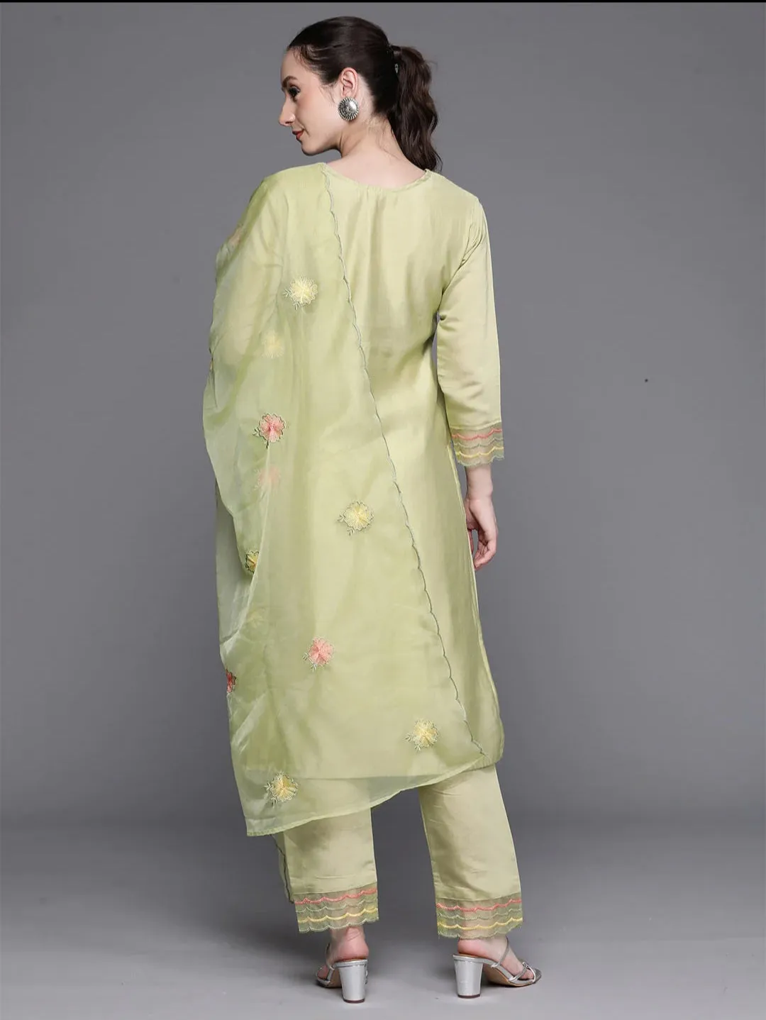Green Floral Embroidered Sequinned Kurta Set