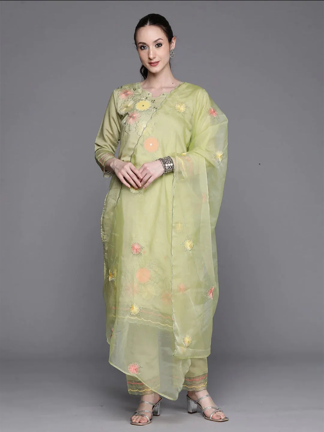 Green Floral Embroidered Sequinned Kurta Set