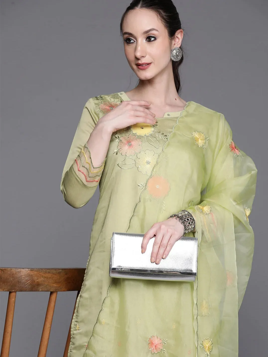 Green Floral Embroidered Sequinned Kurta Set