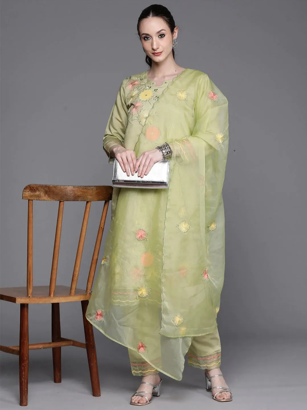 Green Floral Embroidered Sequinned Kurta Set