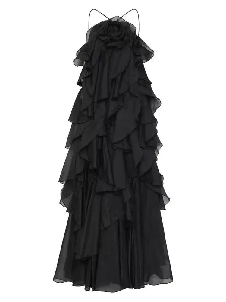 Halter 3D Flower Flounce Irregular Loose Maxi Dress