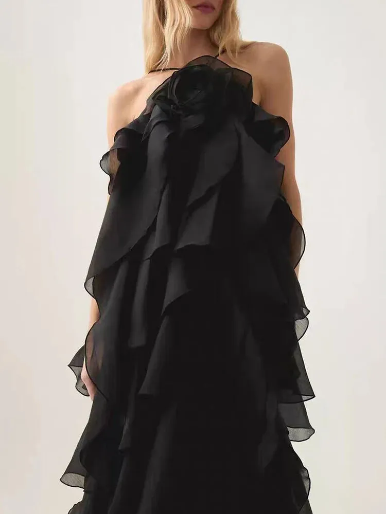 Halter 3D Flower Flounce Irregular Loose Maxi Dress