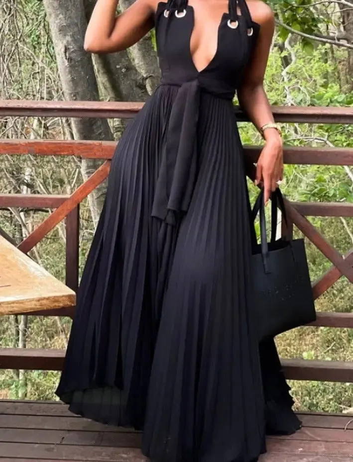 Halter Neck Chiffon Pleated Maxi Dress