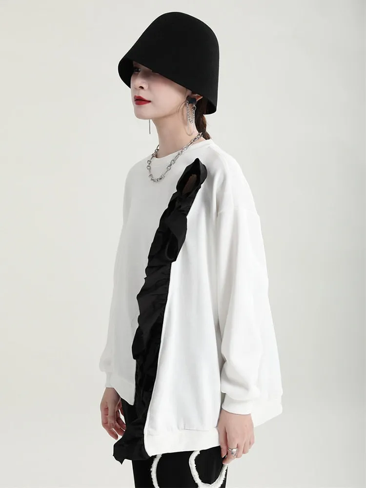 Hit Color Irregular Sweatshirts For Women Round Neck Long Sleeve Patchwork Strappy Sweatshirt Female Fashion