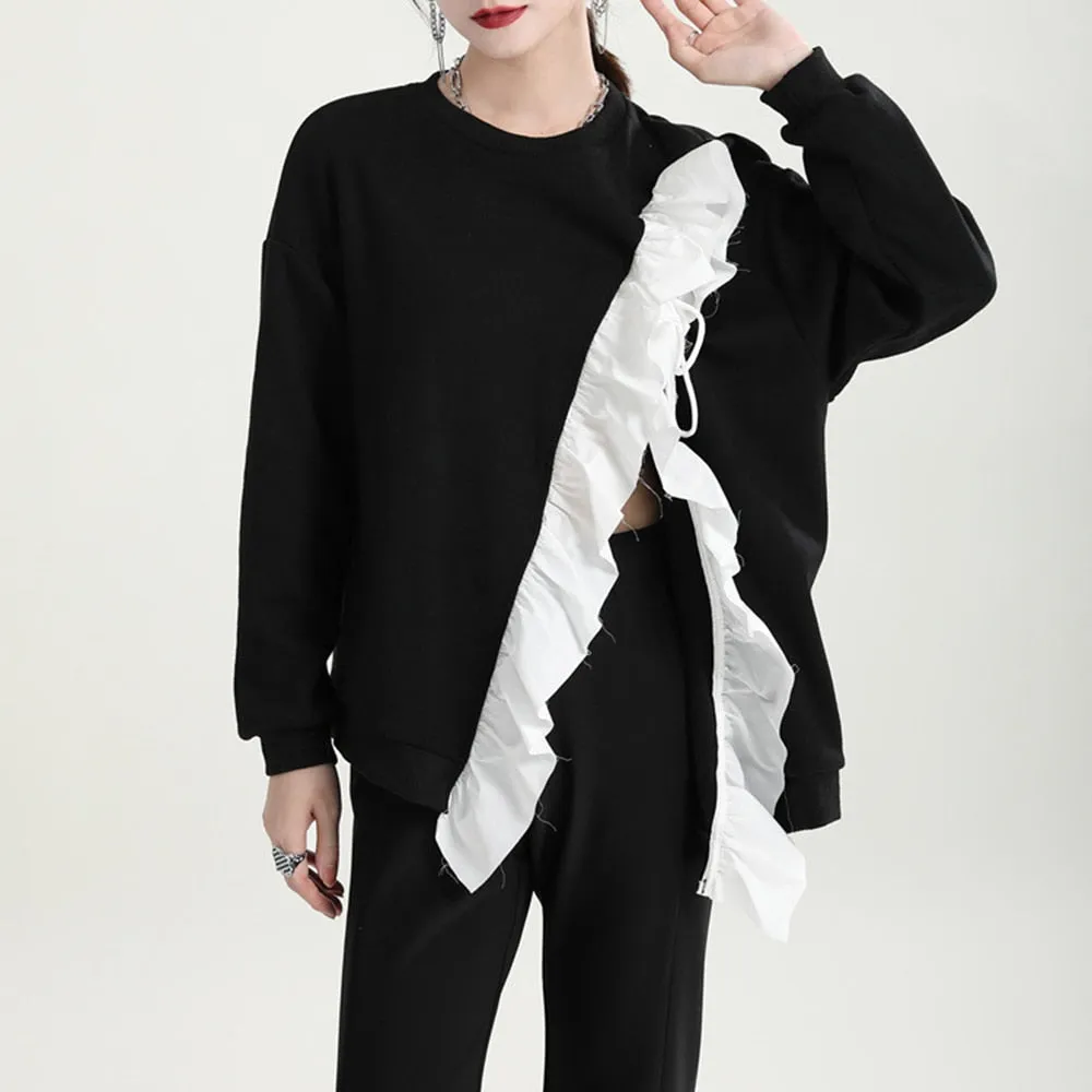 Hit Color Irregular Sweatshirts For Women Round Neck Long Sleeve Patchwork Strappy Sweatshirt Female Fashion