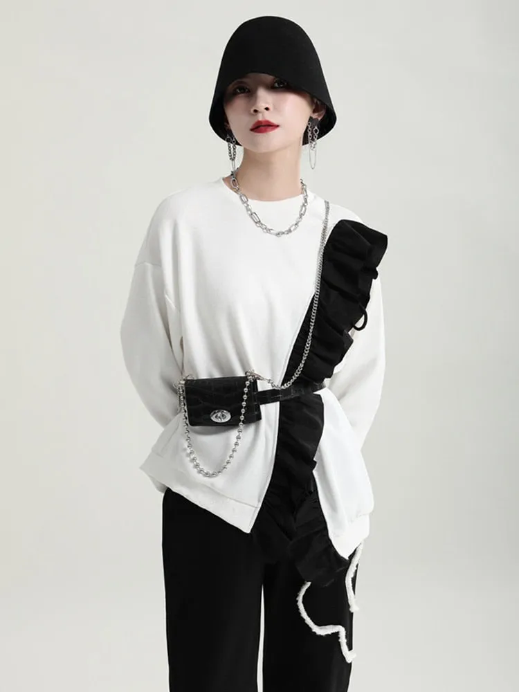 Hit Color Irregular Sweatshirts For Women Round Neck Long Sleeve Patchwork Strappy Sweatshirt Female Fashion