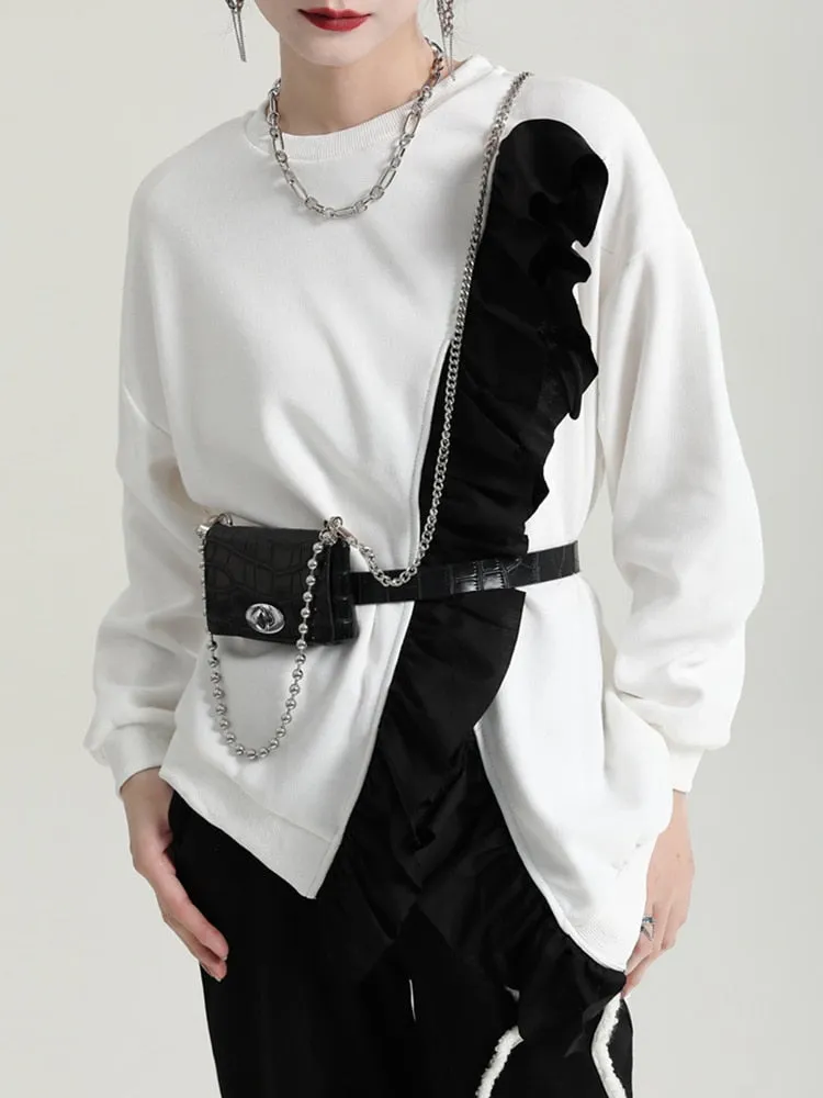 Hit Color Irregular Sweatshirts For Women Round Neck Long Sleeve Patchwork Strappy Sweatshirt Female Fashion