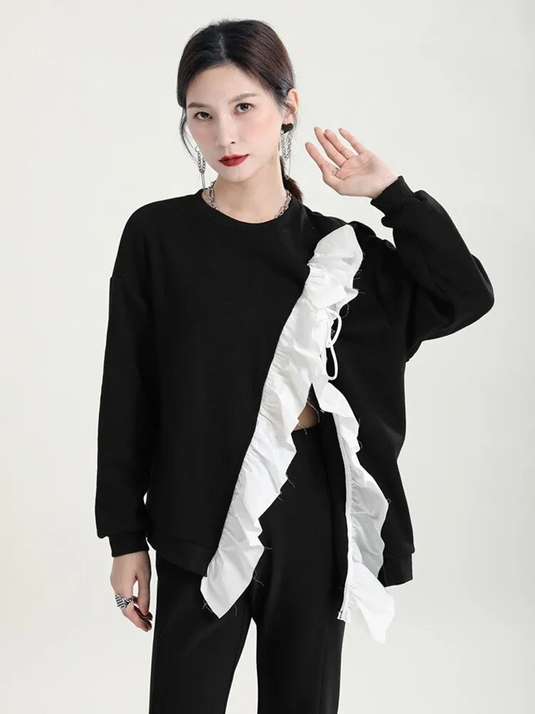 Hit Color Irregular Sweatshirts For Women Round Neck Long Sleeve Patchwork Strappy Sweatshirt Female Fashion
