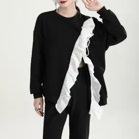 Hit Color Irregular Sweatshirts For Women Round Neck Long Sleeve Patchwork Strappy Sweatshirt Female Fashion