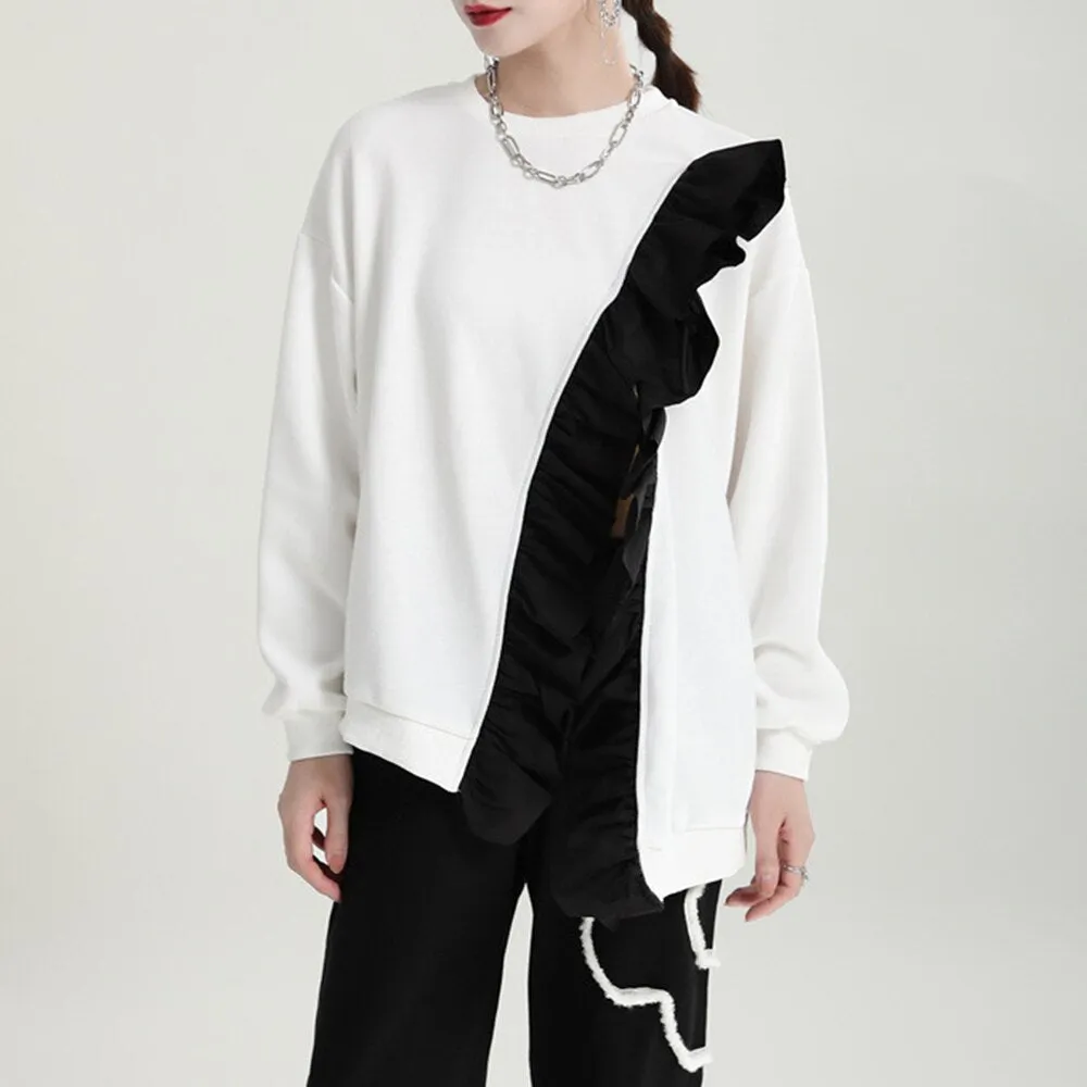 Hit Color Irregular Sweatshirts For Women Round Neck Long Sleeve Patchwork Strappy Sweatshirt Female Fashion