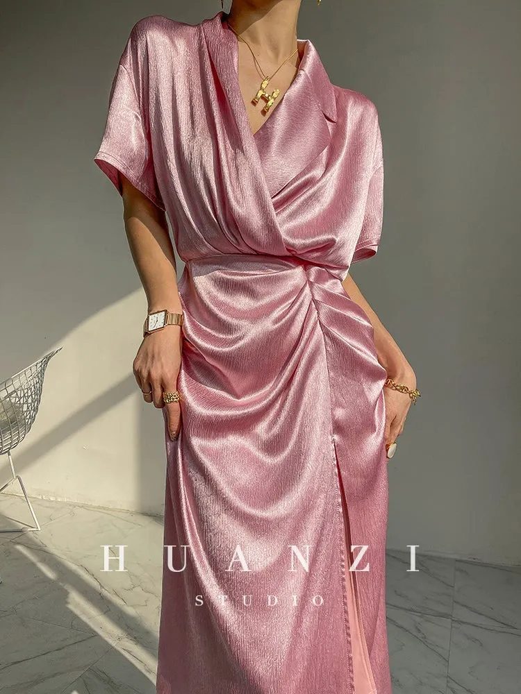 HUANZI custom designer high-end glossy silky elegant dress -Diana Crystal Pink