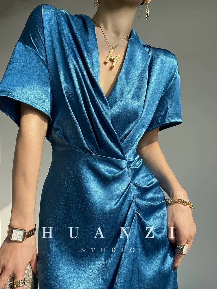 HUANZI custom designer high-end glossy silky elegant dress -Diana Crystal Pink