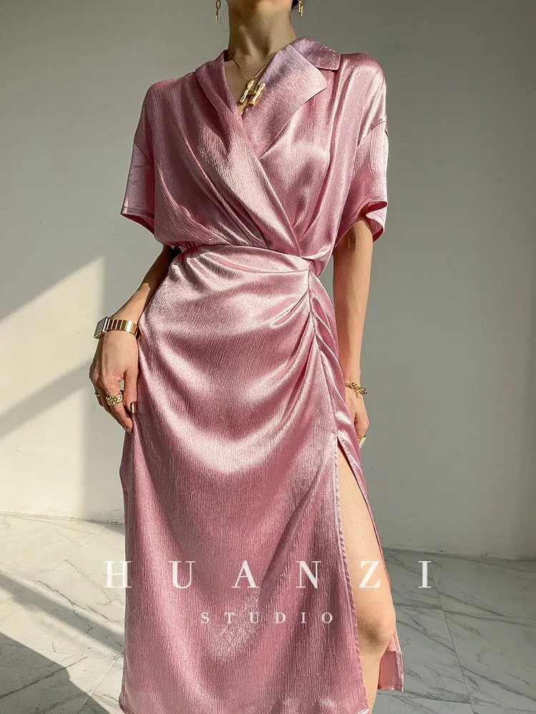 HUANZI custom designer high-end glossy silky elegant dress -Diana Crystal Pink