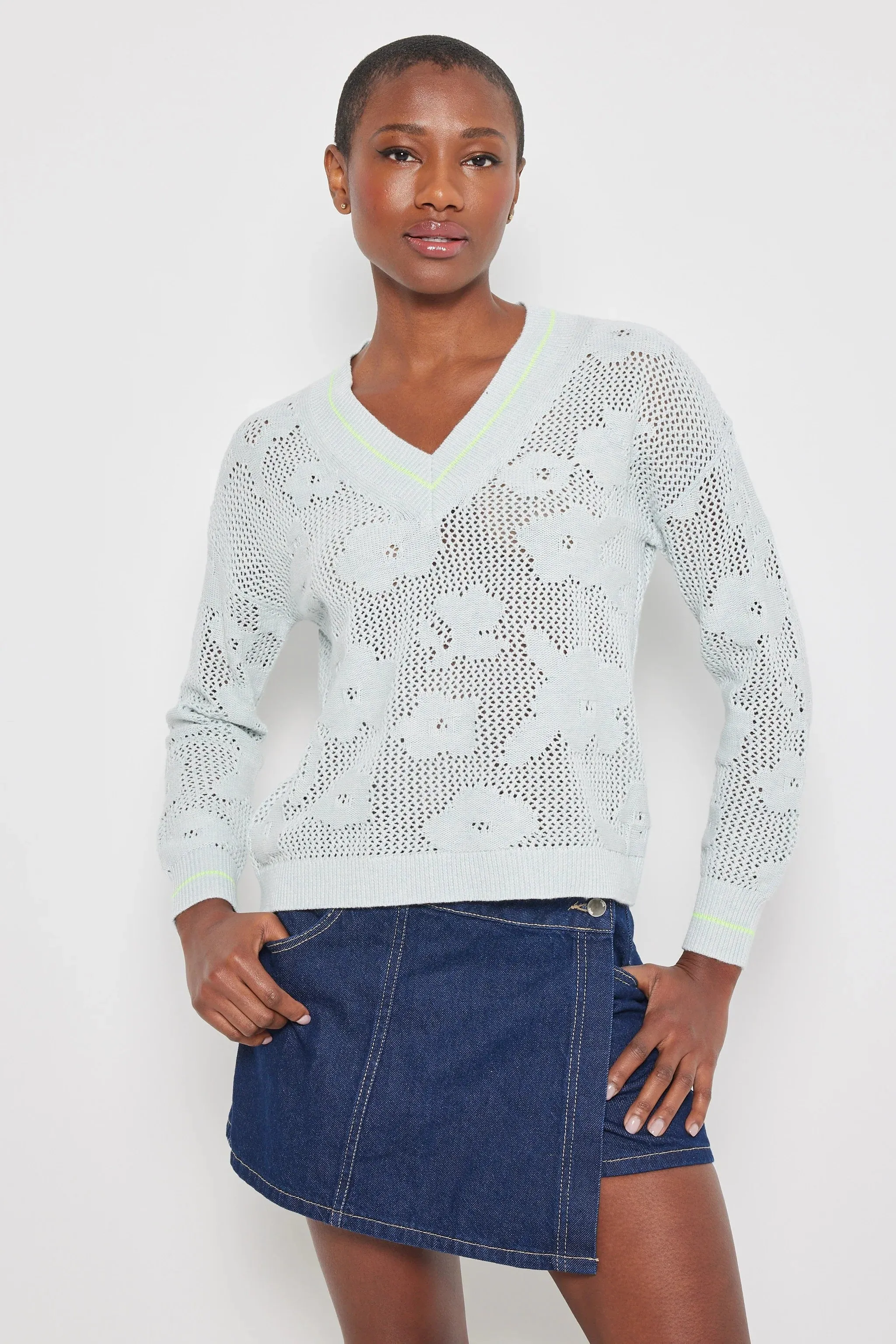 Ice Blue Open Knit Floral Design Poppy Sweater
