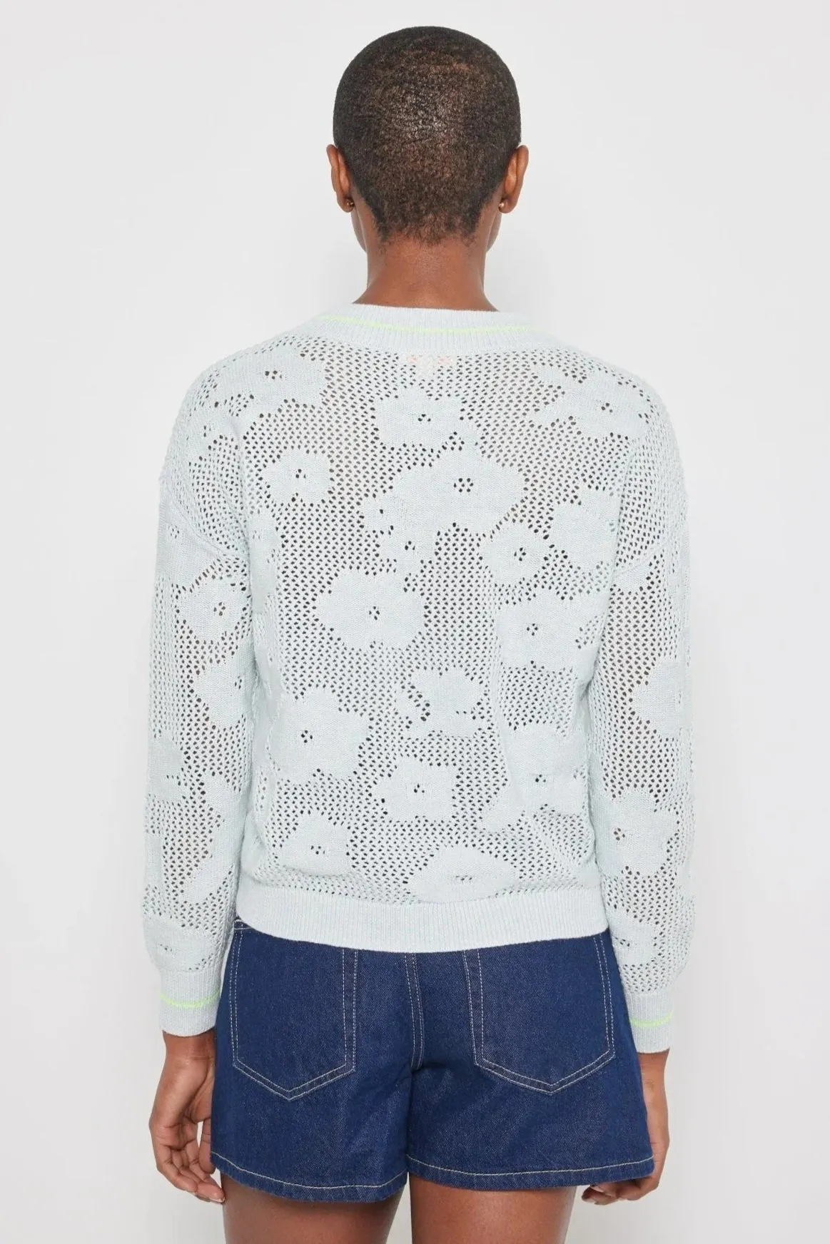Ice Blue Open Knit Floral Design Poppy Sweater