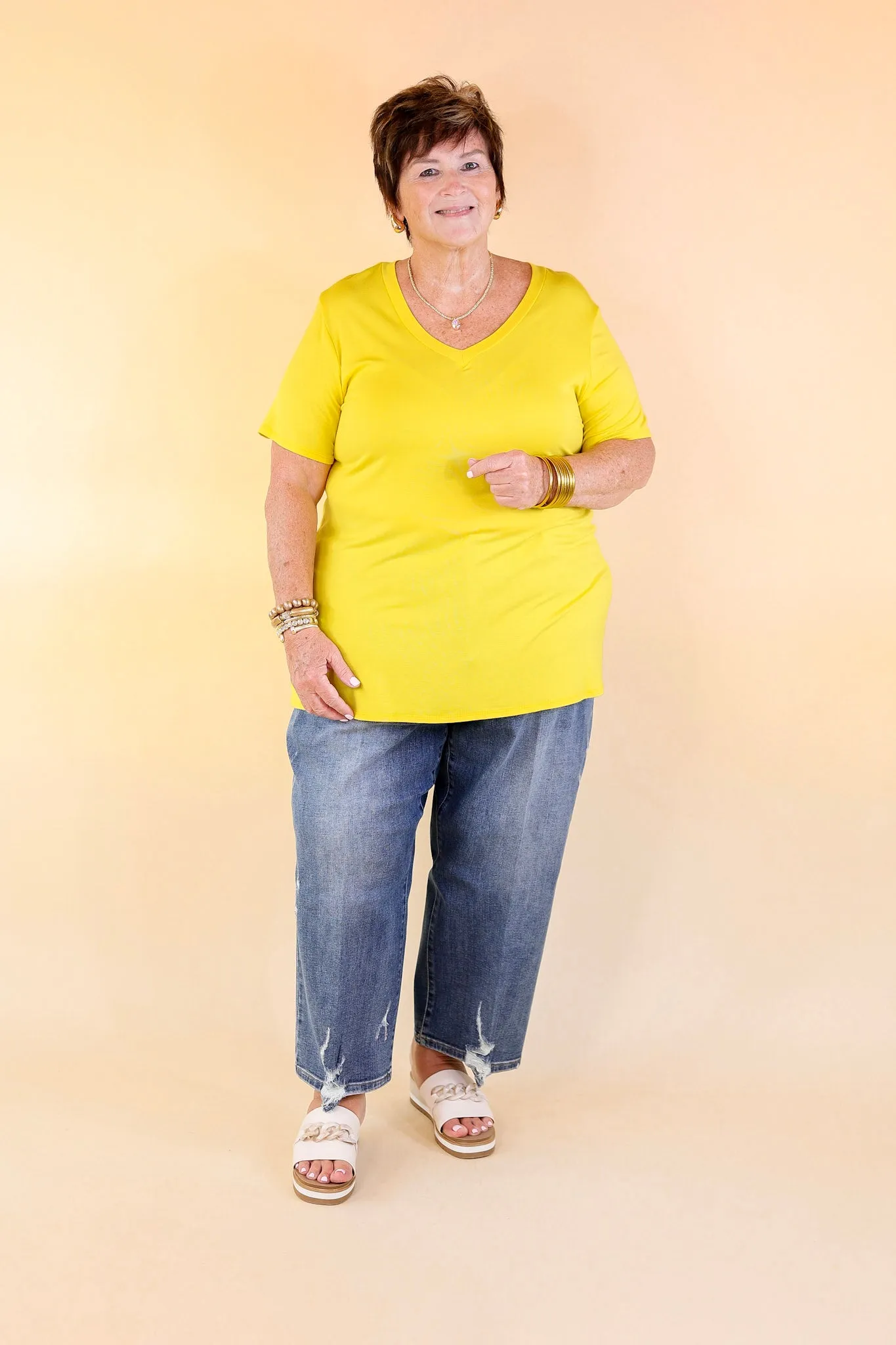 It's That Simple Solid V Neck Tee in Yellow