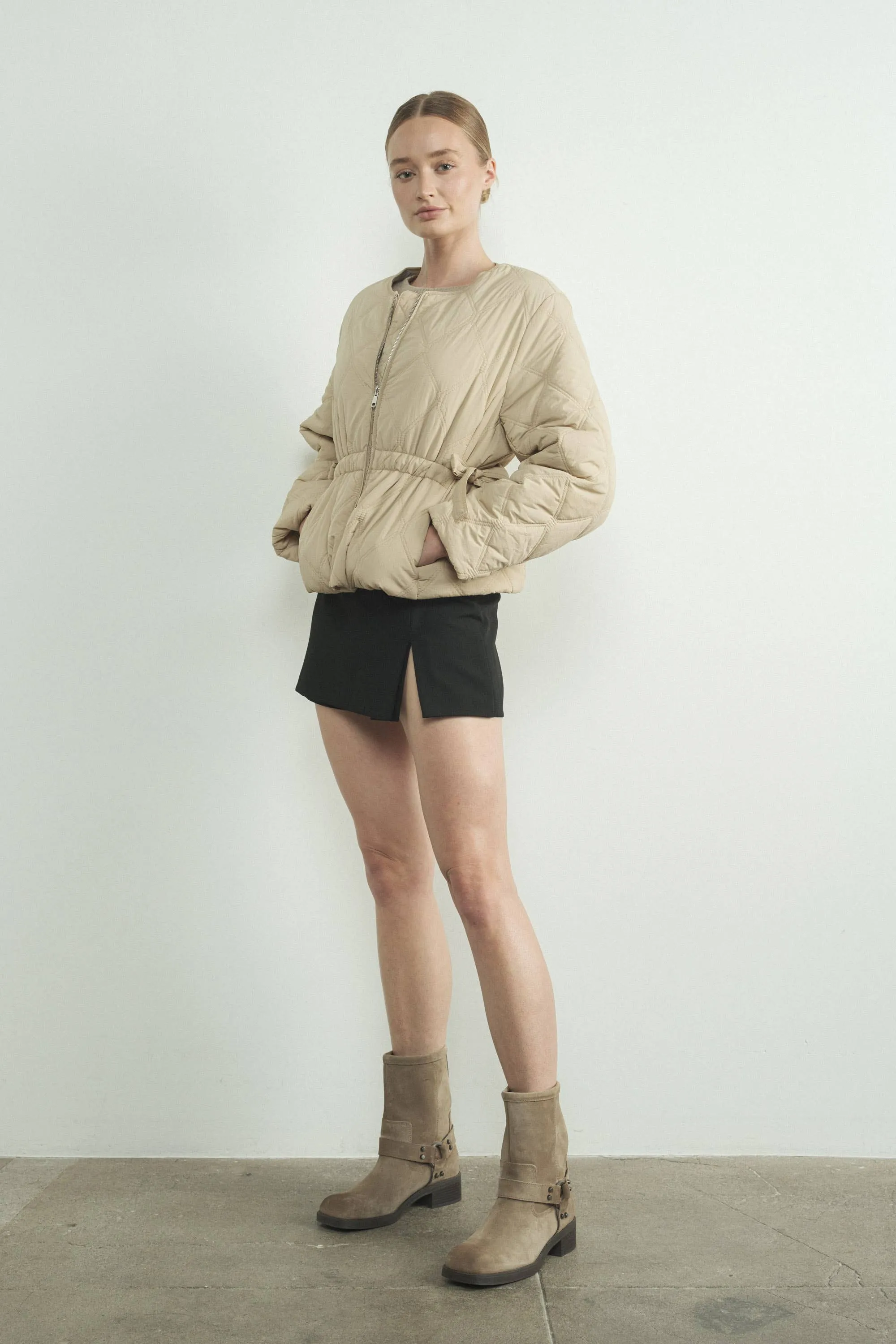 Jess - Quilted Zip Up Jacket With Side Bow Tie