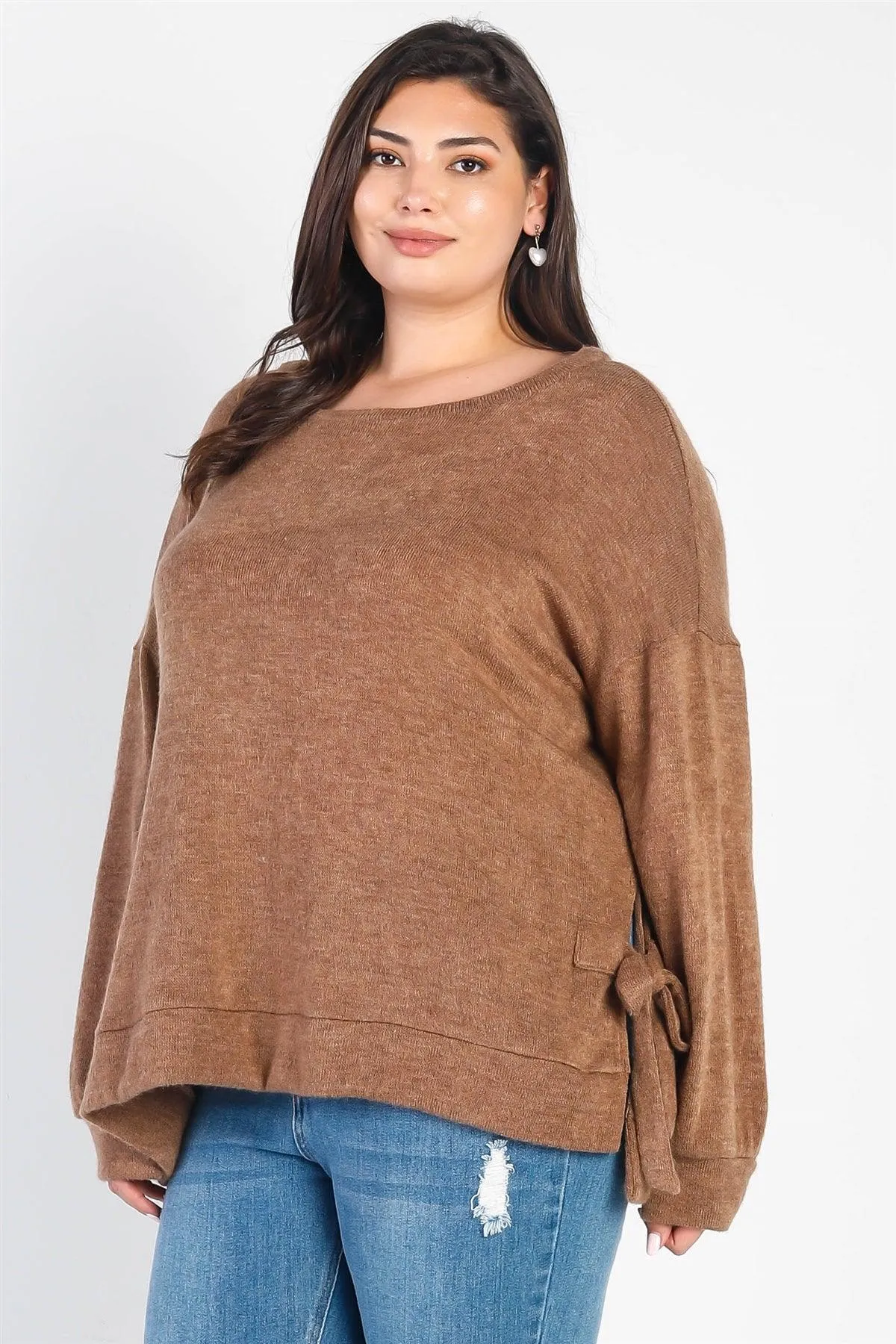 Junior Plus Coffee Knit Side Self-Tie Detail Long Sleeve Top /4-2-1