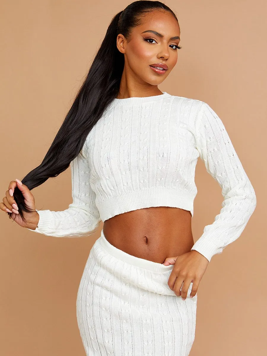 Katy Cable Knit Crop Jumper & Skirt Co-ord In Cream