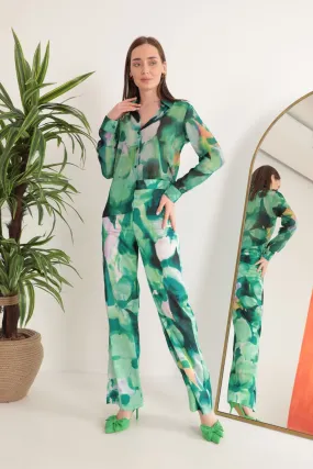 KKT Satin Fabric Watercolor Effect Floral Pattern Women's Trousers-Green - Tynaarlo