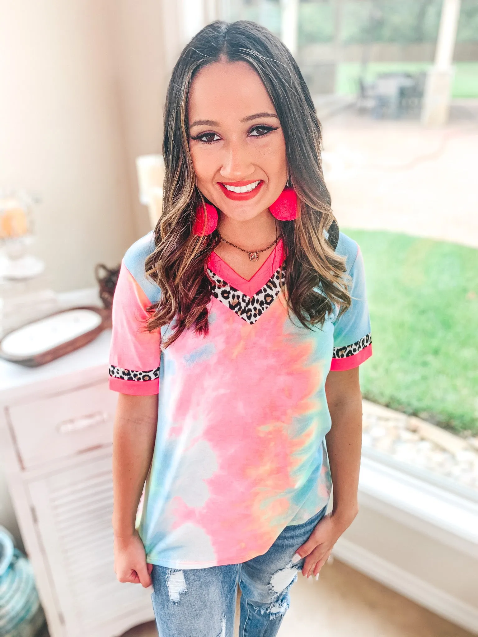 Last Chance Size Small & 2XL | Easily Bright Neon Pink and Leopard Trim V Neck Top in Tie Dye