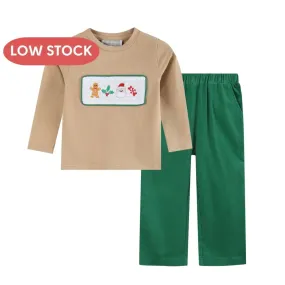 Light Brown Christmas Smocked Shirt and Green Corduroy Pants Set