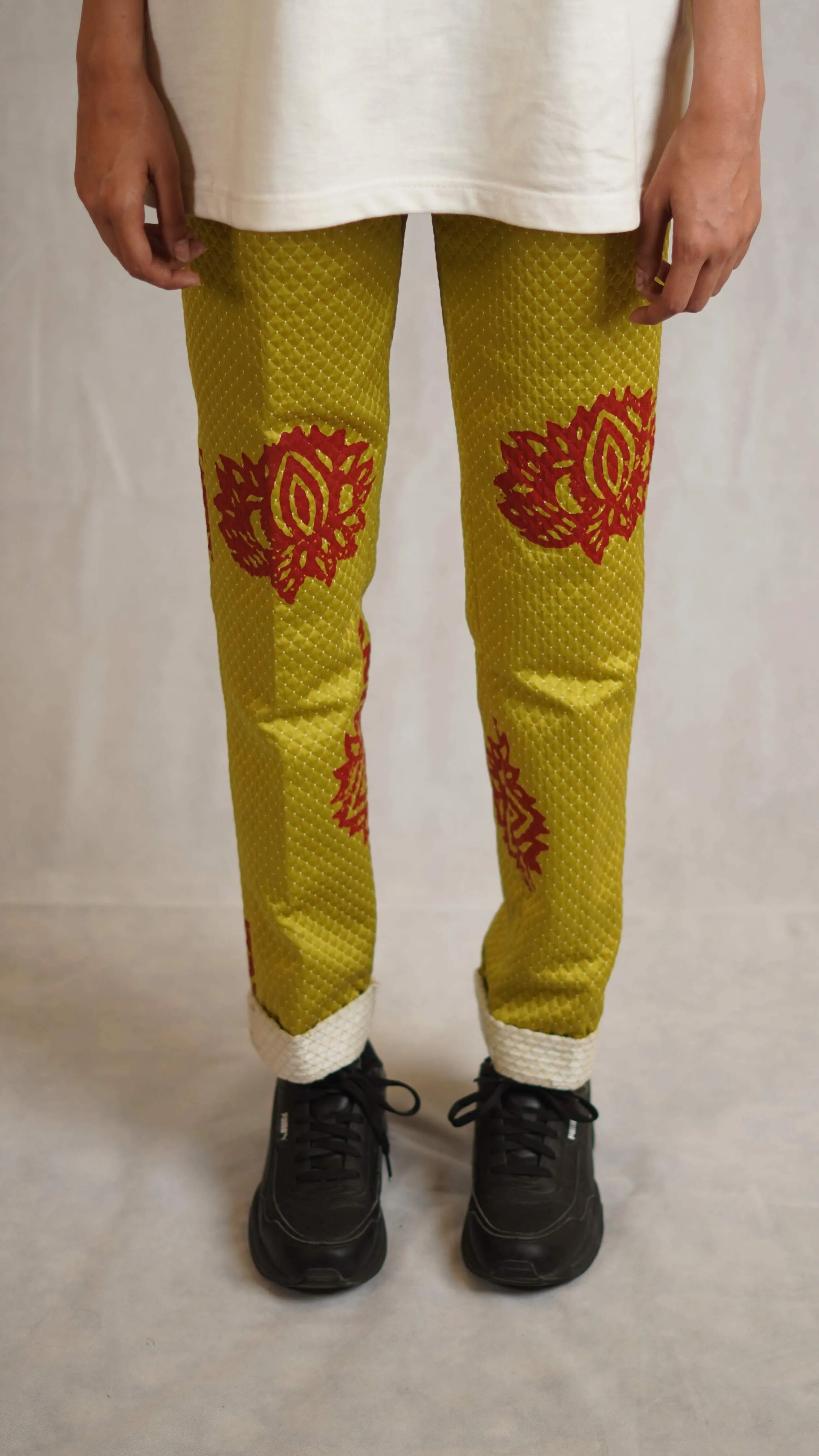 Lime green block printed trousers