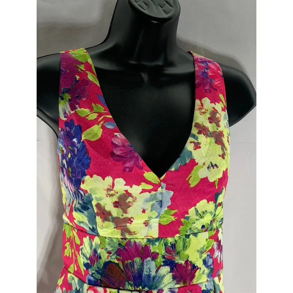 LUXXEL Women's Multicolor Floral Print V-Neck Back-Bow Pleated Mini Dress SZ L