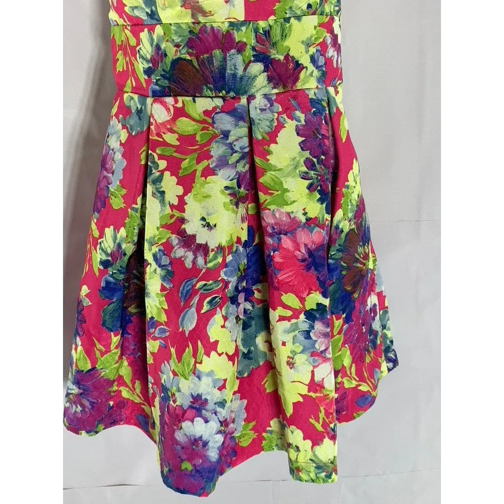 LUXXEL Women's Multicolor Floral Print V-Neck Back-Bow Pleated Mini Dress SZ L