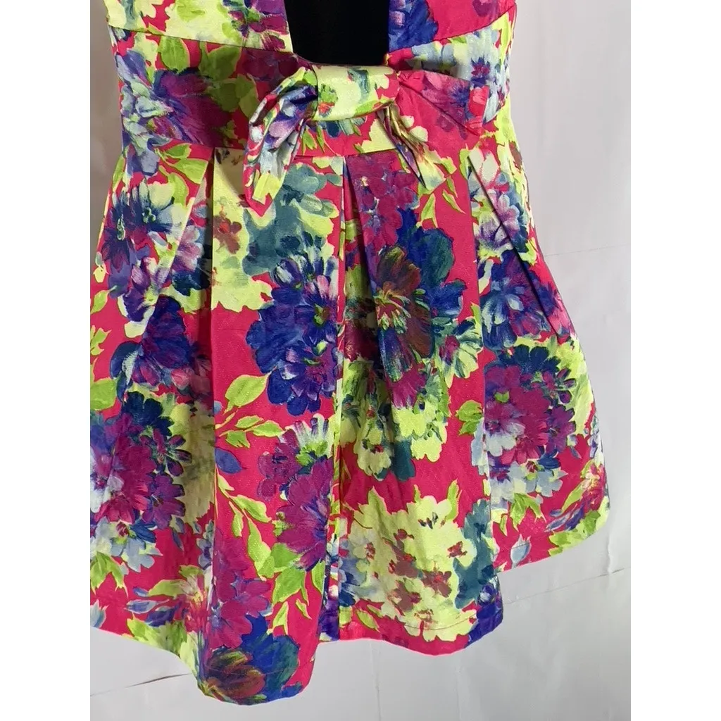 LUXXEL Women's Multicolor Floral Print V-Neck Back-Bow Pleated Mini Dress SZ L