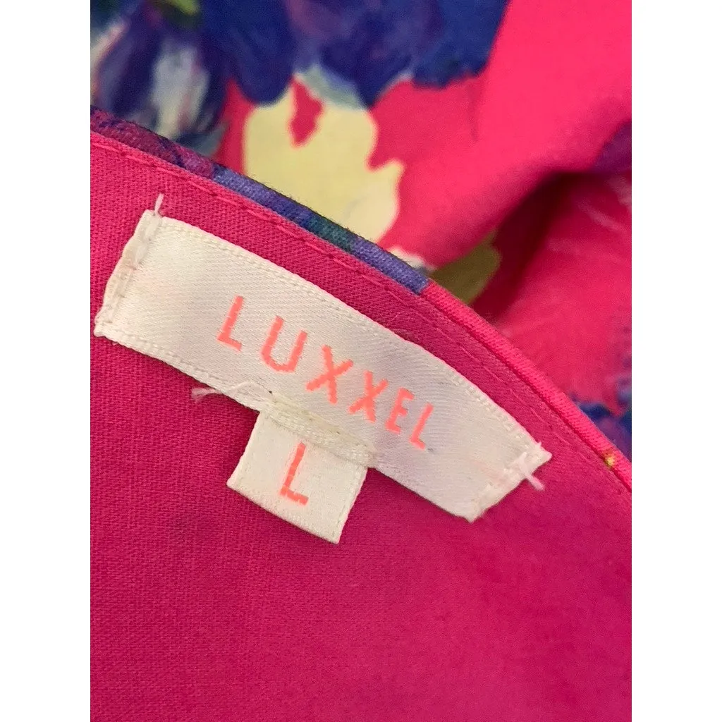 LUXXEL Women's Multicolor Floral Print V-Neck Back-Bow Pleated Mini Dress SZ L