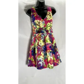 LUXXEL Women's Multicolor Floral Print V-Neck Back-Bow Pleated Mini Dress SZ L
