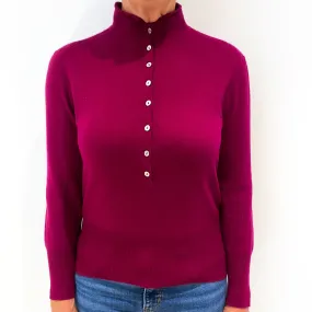 Magenta Pink Buttoned Front Cashmere Polo Neck Jumper Medium