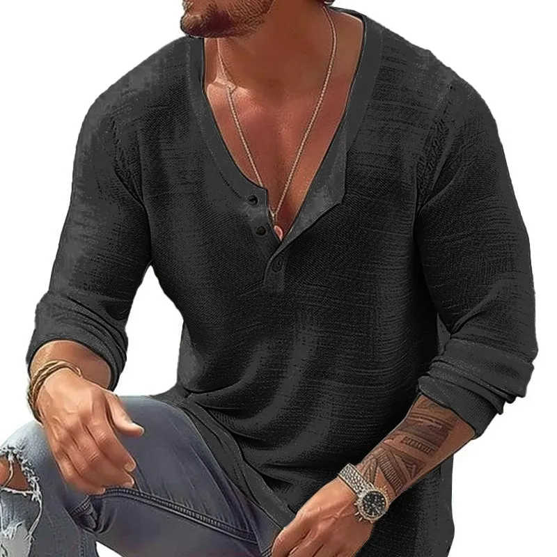 Men's Casual Cotton Linen U Neck Long-Sleeved T-Shirt 92358906M