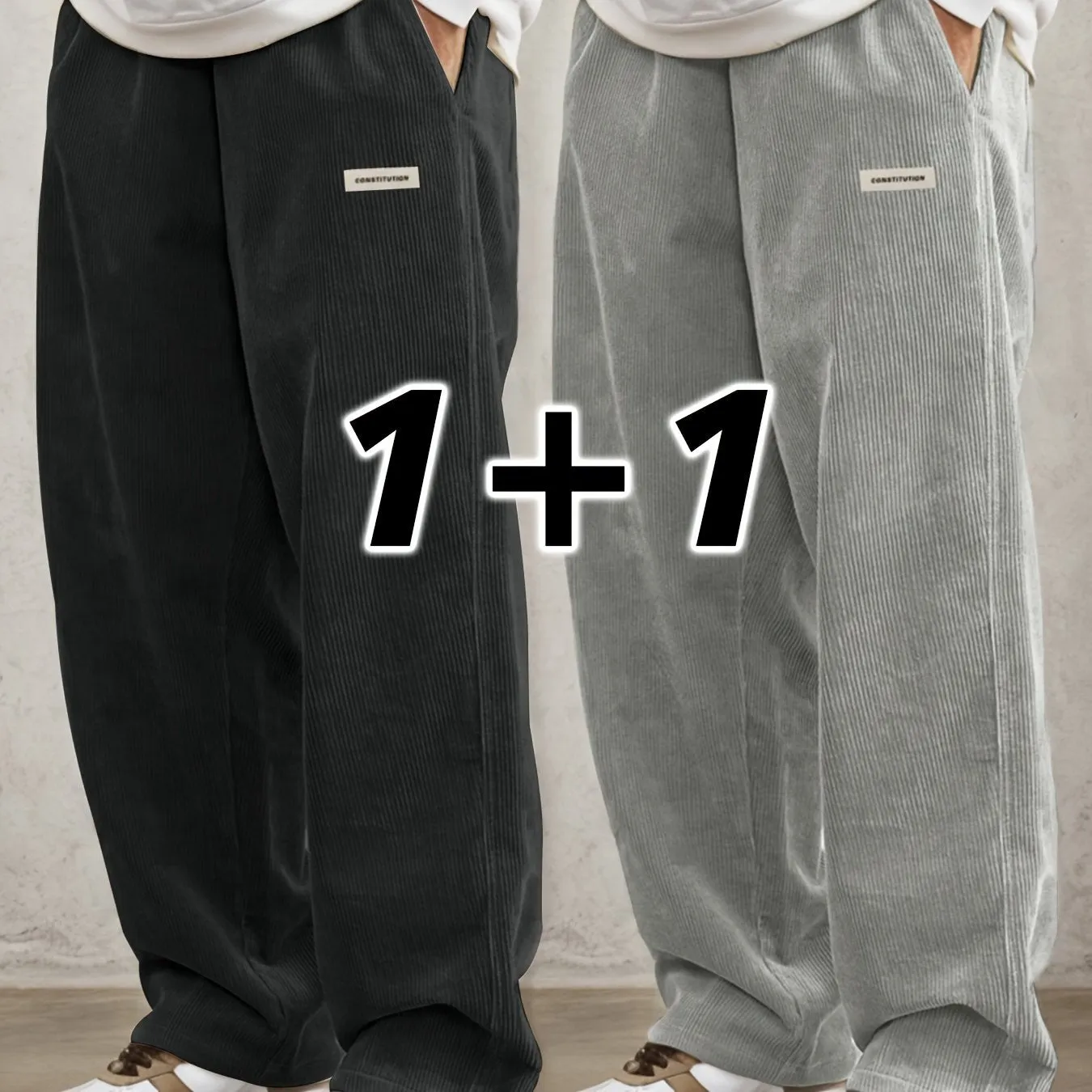 Men's Casual Woven Corduroy Overalls Set - 100% Polyester Non-Stretch Solid Color Regular Length All-Season Pants with Pockets, Elastic Waist