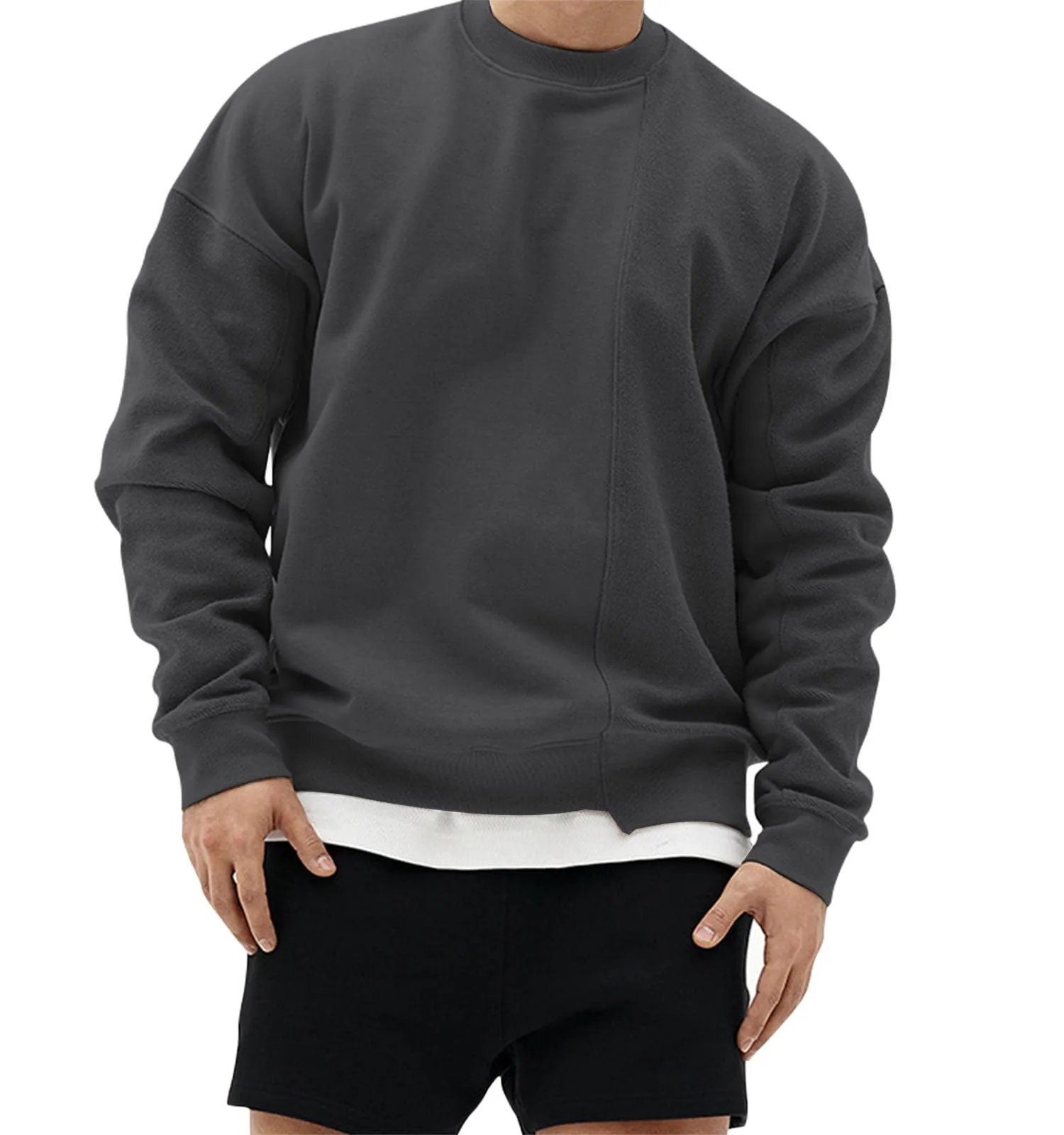 Men's Patchwork Knit Khaki Long Sleeve Pullover Sweatshirt