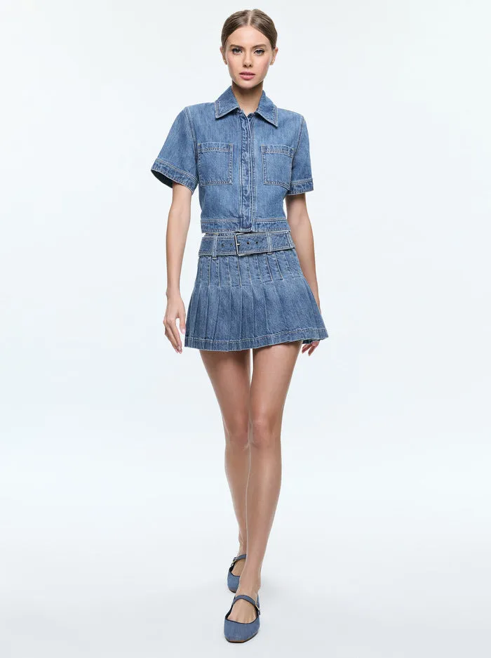 Mera Low Rise Pleated Skirt with Buckle | Avery Blue Denim
