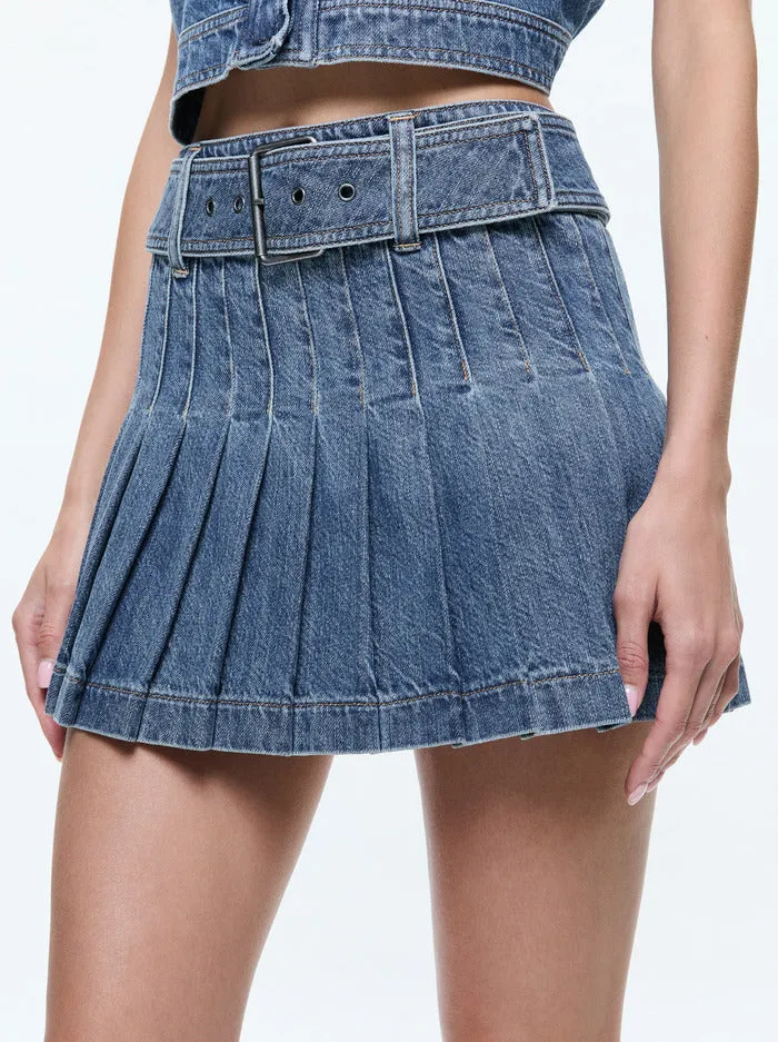 Mera Low Rise Pleated Skirt with Buckle | Avery Blue Denim