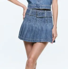 Mera Low Rise Pleated Skirt with Buckle | Avery Blue Denim